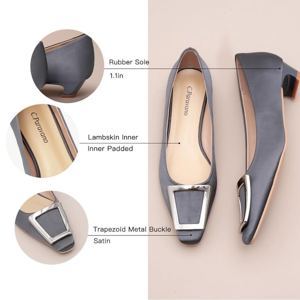 C.Paravano size 7 Dark Gray Satin Flats with Metal Buckle square toe low heels..